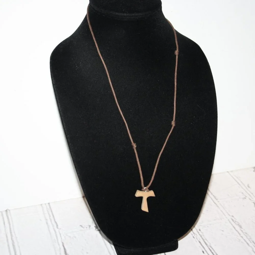 🤎✝️ Brown Cord + Wooden “T” Religious Necklace · 26